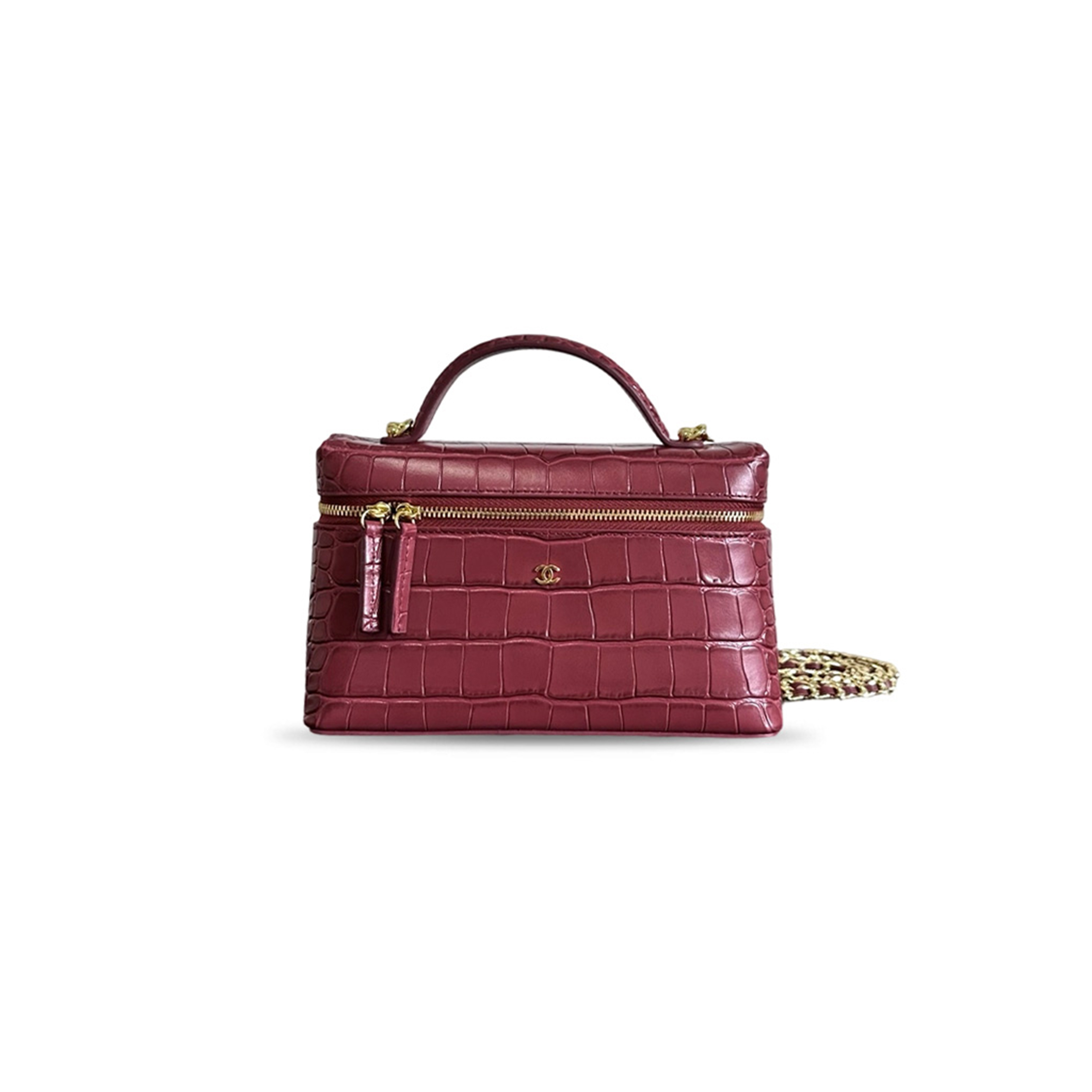 CHANEL MASTER CALFSKIN CROCODILE EMBOSSED CROCOCO EXOTICOCO VANITY WITH CHAIN DARK BURGUNDY (19*14*5cm)